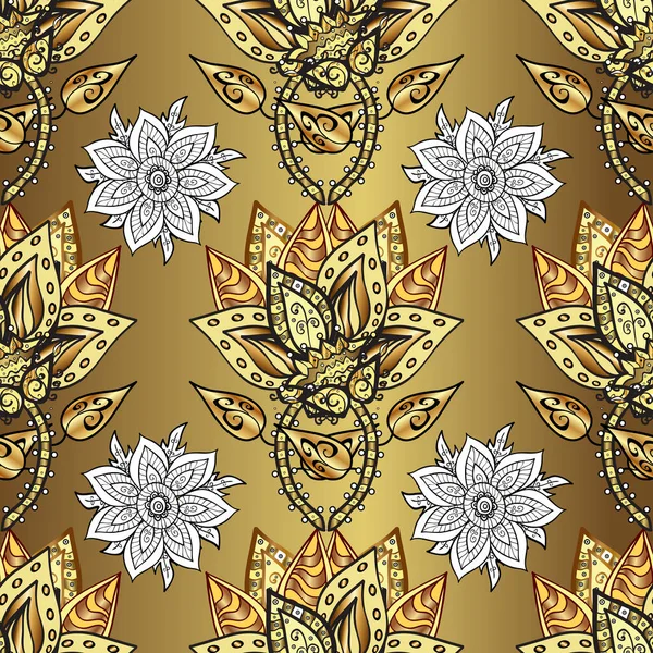 Gold Wallpaper on texture background. Golden element on yellow, neutral and brown colors. Gold floral ornament in baroque style. Damask seamless repeating background.