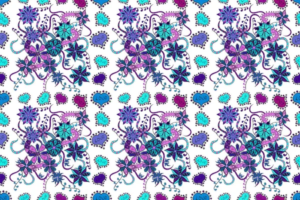 Flowers on white, blue and black colors. Cute flower pattern. Flat Flower Elements Design. Colour Spring Theme seamless pattern Background.
