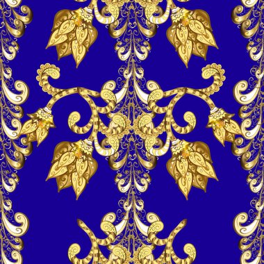 Sarı, mavi ve kahverengi renklerde altın elementlerle kusursuz desen. Geleneksel oryantasyon süsü. Klasik klasik klasik arka plan. Klasik, altın, pürüzsüz model..
