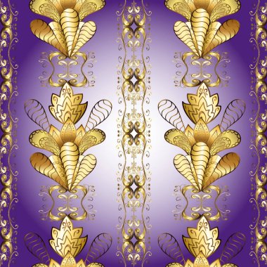 Klasik klasik klasik arka plan. Kusursuz klasik vektör altın deseni. Vektör çizimi. Kahverengi, mor ve nötr renklerde altın elementlerle kusursuz desen. Geleneksel oryantasyon süsü.