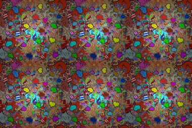 Renkli Yaz Temalı Kusursuz Arkaplan. Düz Çiçek Elementleri Tasarımı. Çiçekler turuncu, siyah ve mavi renkte. Raster illüstrasyonunda trendsiz çiçek deseni.