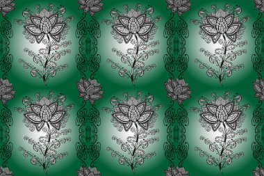 Çiçekli, suluboya desenli kusursuz çiçek deseni. Yeşil, beyaz ve siyah renkte çiçekler. Renkli Bahar Temalı, pürüzsüz bir arka plan. Düz Çiçek Elementleri Tasarım Raster illüstrasyonu.