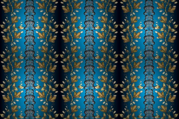 Golden snowflake simple seamless pattern. Abstract wallpaper, wrapping decoration. Raster golden pattern on yellow, gray and blue colors. Symbol of winter, Merry Christmas holiday, Happy New Year 2019