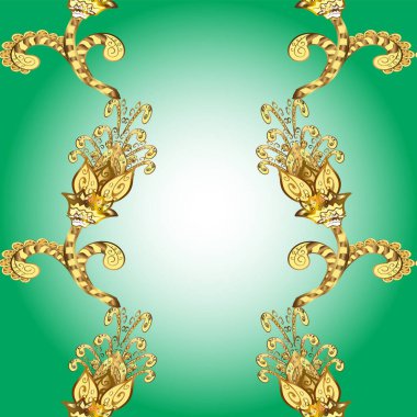 Yeşil, nötr ve mavi renkte desen. Kına dövmeli süs çiçekleri, altın çıkartmalar, mehndi ve yoga tasarımı, kartlar ve parmak izleri. Vektör altın mehndi kusursuz desen.