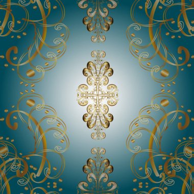 Klasik klasik klasik arka plan. Kusursuz klasik vektör altın deseni. Geleneksel oryantasyon süsü. Tarafsız, mavi ve sarı renklerde altın desenli altın elementler.