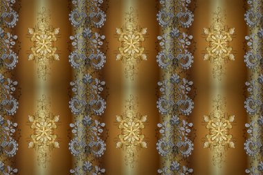 Kına dövmeli süs çiçekleri, altın çıkartmalar, mehndi ve yoga tasarımı, kartlar ve parmak izleri. Kahverengi, sarı ve bej renkli desenler. Raster altın mehndi kusursuz desen.