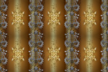 Kına dövmeli süs çiçekleri, altın çıkartmalar, mehndi ve yoga tasarımı, kartlar ve parmak izleri. Kahverengi, sarı ve bej renkli desenler. Raster altın mehndi kusursuz desen.