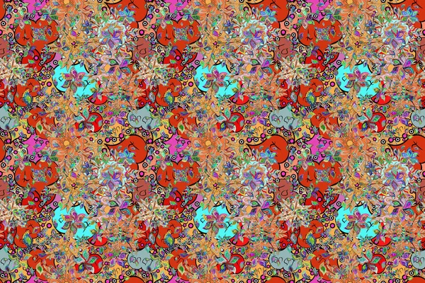 Elegance seamless pattern with ethnic flowers on orange, beige and black colors. Floral Illustration in cute textile.