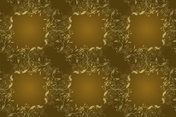 Raster illustration. Vintage seamless pattern on a brown, neutral and yellow colors with golden elements.
