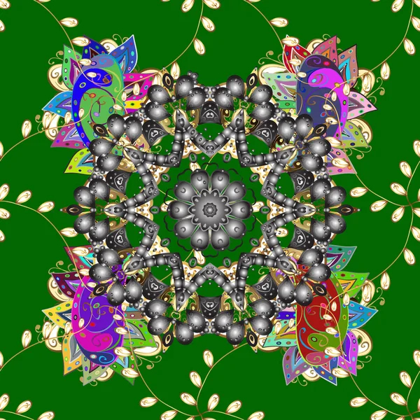 Renkli kar taneleri yeşil, gri ve kahverengi renklerde dekoratif Noel elementi dizayn ederler..