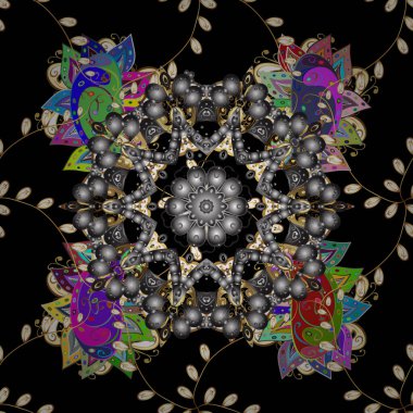 Vektör el çizimi mandala, kahverengi, siyah ve gri renkler üzerinde renkli soyut desen.