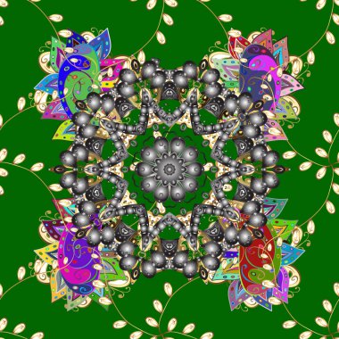 Gri, yeşil ve kahverengi renklerde resimleme deseni. Soyut lüks dekor kavramı. Logo, simge, sembol, amblem, monogram çerçeve oluşturma şablonu. Vektör tasarım elemanı. Doğrusal eğilim biçimi.