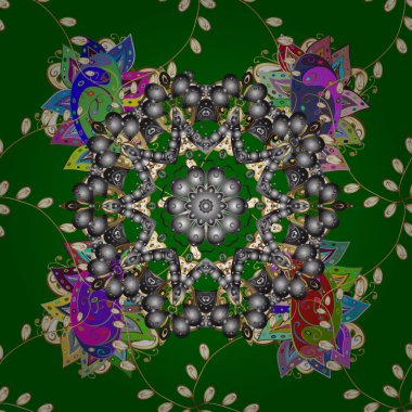 Sanat, yuvarlak, yeşil, kahverengi ve gri renkli süsler. Süslü, doğu mandala renkli hatlarıyla.