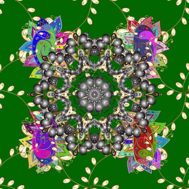 Renkli kar taneleri yeşil, gri ve kahverengi renklerde dekoratif Noel elementi dizayn ederler..