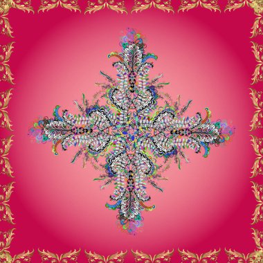 Şatafatlı çiçek deseni. Renkli mandala tasarım unsurlu vektör daveti. Dekoratif vintage baskı. Doğulu boho şıklığında alışılmadık bir karşılama. Kare davet şablonu. Yuvarlak çiçek süsü.