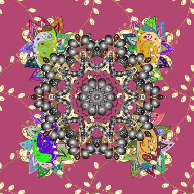 Sarı, pembe ve gri renklere çizilmiş zendogru elin renkli mandala vektör çemberi.