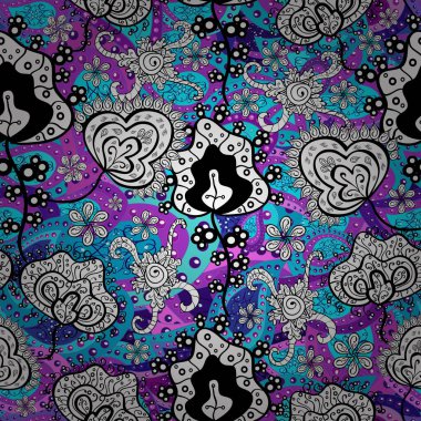 Renkli Yaz Temalı Kusursuz Arkaplan. Çiçekler beyaz, siyah ve mavi renklerde. Şirin çiçek vektör deseni. Düz Çiçek Elementleri Tasarımı.