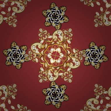 Damask seamless repeating pattern. Gold floral ornament in baroque style. Golden element on brown, yellow and red colors. Antique golden repeatable wallpaper.