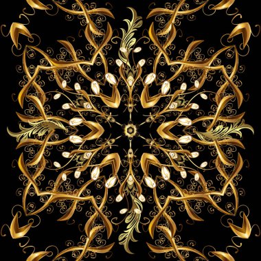 Seamless vintage pattern on brown, black and yellow colors with golden elements. Christmas, snowflake, new year 2019.