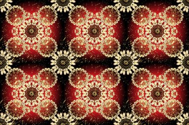 Classic vintage background. Seamless pattern on brown, beige and yellow colors with golden elements. Traditional orient ornament. Classic golden seamless pattern.