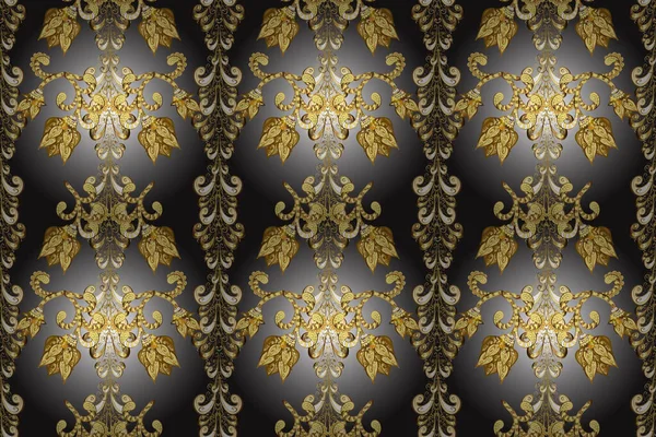 Winter snow texture wallpaper. Golden snowflakes on gray, yellow and brown colors. Christmas golden snowflake seamless pattern. Symbol holiday, New Year celebration raster golden pattern.