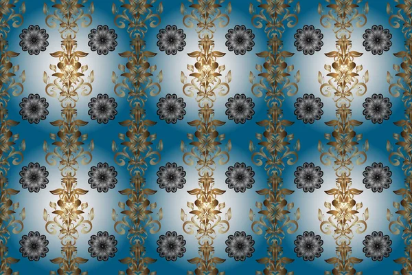 Golden pattern on beige, blue and neutral colors with golden elements. Flat hand drawn vintage collection. Raster golden seamless pattern. Backdrop, fabric, gold wallpaper.