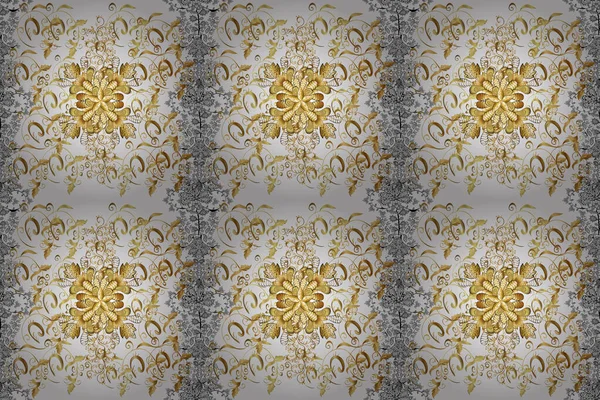 Elegant raster classic pattern. White, brown and yellow and golden pattern. Seamless abstract background with repeating elements.