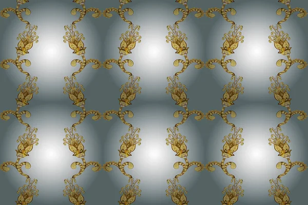 Seamless golden pattern. golden floral ornament brocade textile and glass pattern. Gray, yellow and neutral colors with golden elements. Gold metal with floral pattern.