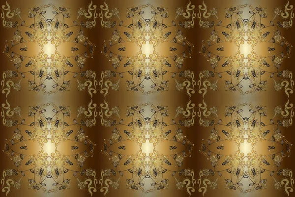 Vintage seamless pattern on a yellow, brown and beige colors with golden elements. Raster illustration.