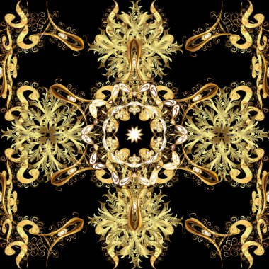 Traditional classic golden pattern on black, brown and yellow colors with golden elements. Seamless oriental ornament in the style of baroque.