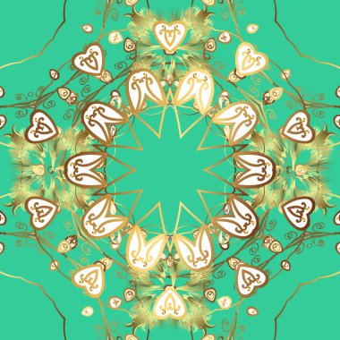 Golden seamless pattern. Seamless pattern on brown, yellow and green colors. Seamless golden textured curls. Golden elements in oriental style arabesques.