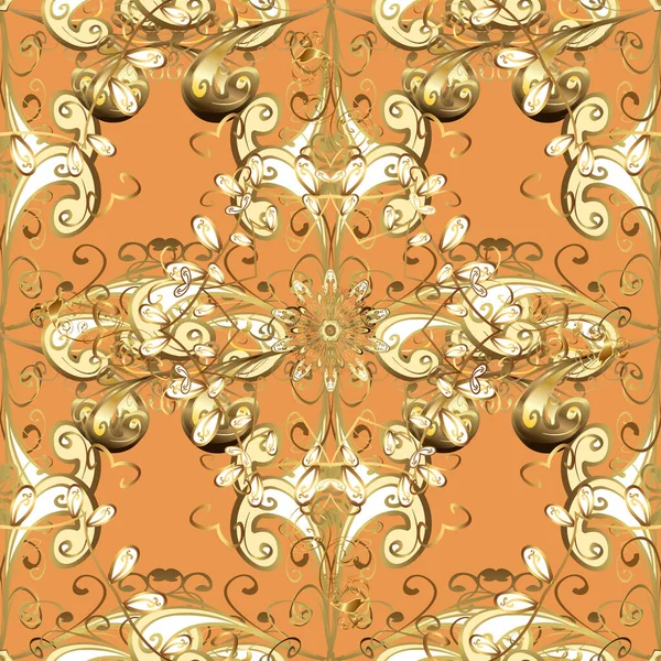 Paisleys elegant floral seamless pattern background wallpaper illustration with vintage stylish beautiful modern 3d line art gold and orange, yellow and beige paisley flowers leaves and ornaments.