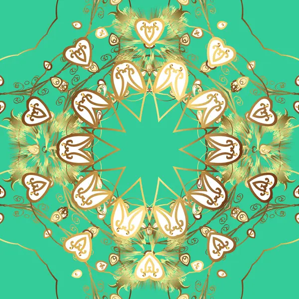 Golden seamless pattern. Seamless pattern on brown, yellow and green colors. Seamless golden textured curls. Golden elements in oriental style arabesques.