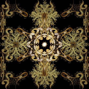 Vector geometric background. Golden seamless pattern on brown, black and yellow colors with golden floral elements. Golden color seamless illustration. For your design, wallpaper.