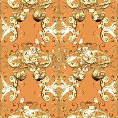 Damask seamless pattern repeating background. Golden floral ornament in baroque style. Antique golden repeatable wallpaper. Golden element on orange, yellow and beige colors.