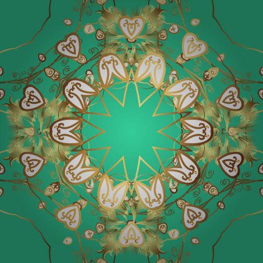 Vector illustration. Good for greeting card for birthday, invitation or banner. Gold on yellow, brown and green colors. Seamless medieval floral royal pattern. Decorative symmetry arabesque.