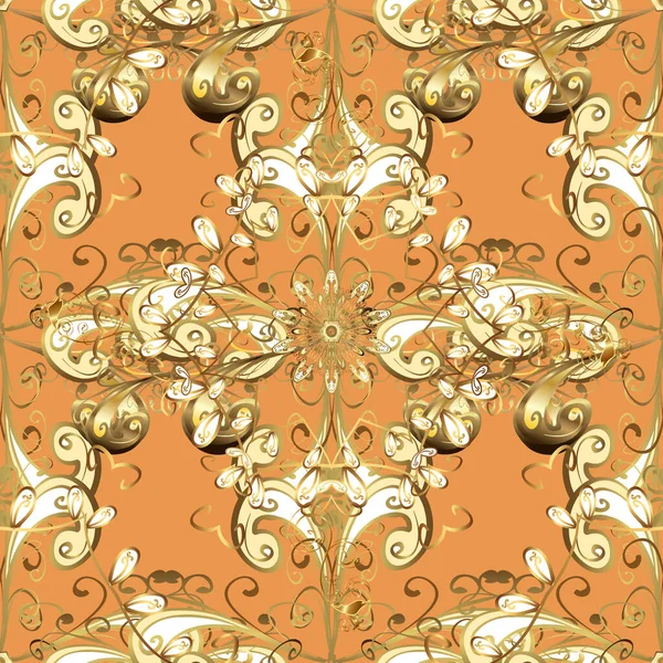 Damask seamless pattern repeating background. Golden floral ornament in baroque style. Antique golden repeatable wallpaper. Golden element on orange, yellow and beige colors.
