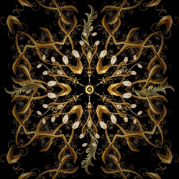 Brilliant lace, stylized flowers. Seamless pattern on brown, yellow black colors with golden elements. Vector. Oriental style arabesques. Seamless golden texture. Openwork delicate golden pattern.