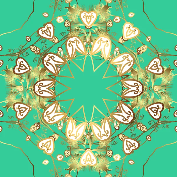 Seamless damask pattern background for wallpaper design in the style of Baroque. Ornate vector decoration. Golden pattern on green, brown and yellow colors with golden elements.