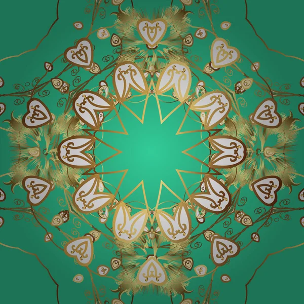 Vector illustration. Good for greeting card for birthday, invitation or banner. Gold on yellow, brown and green colors. Seamless medieval floral royal pattern. Decorative symmetry arabesque.