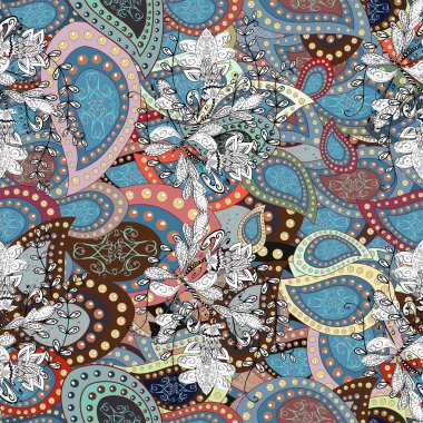 Seamless background pattern. - stock. Watercolor, hand drawn. Flowers of the valley on blue, gray and white colors.