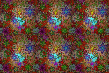 Raster pattern. Pattern with spring flowers with branch, on beige, black and orange colors with flower silhouette.