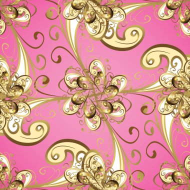 Floral ornament brocade textile pattern, glass, metal with floral pattern on pink, brown and beige colors with golden elements. Classic vector golden seamless pattern.