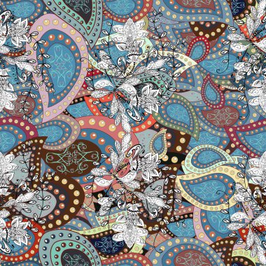 Elegant vector texture with floral elements. Cute floral pattern in the small flower. Abstract seamless pattern on blue, gray and white colors with bright flowers.