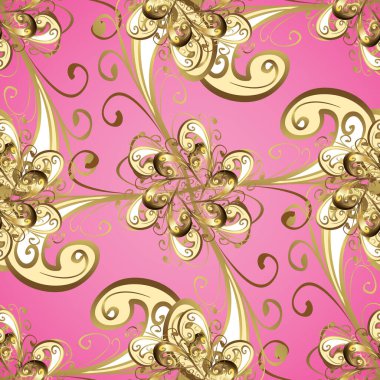 Abstract floral wreath from golden doodle fantasy leaves and flower on a beige, pink and brown colors. Hand drawn decorative frame, album cover, greeting card, vintage Art deco style.