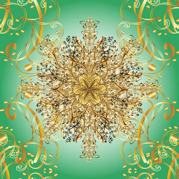 Floral tiles. Golden textile print. Seamless pattern oriental ornament. Golden pattern on green, yellow and neutral colors with golden elements. Islamic design.