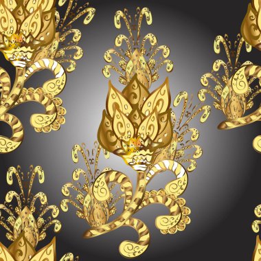 Golden pattern on yellow, gray and brown colors with golden elements. Flat hand drawn vintage collection. Backdrop, fabric, gold wallpaper. Vector golden seamless pattern.