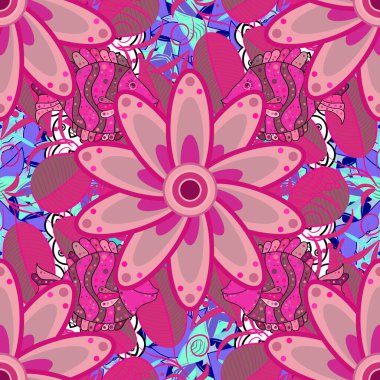 Seamless pattern with cute flowers and leaves on pink, neutral and magenta colors, watercolor floral pattern, tileable for wallpaper, card or fabric.