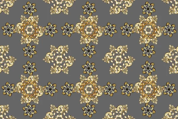 Golden pattern on gray, yellow and brown colors with golden elements. Backdrop, fabric, gold wallpaper. Flat hand drawn vintage collection. Golden seamless pattern.
