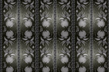 Raster illustration. Gentle, spring floral on gray, white and black colors. Tender seamless pattern with flowers. Raster floral illustration in vintage style.